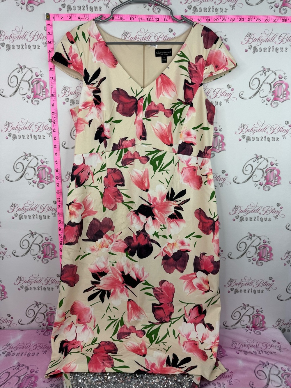 connected apparel Cream Floral V-Neck Midi Dress with Pink and Burgundy Blooms